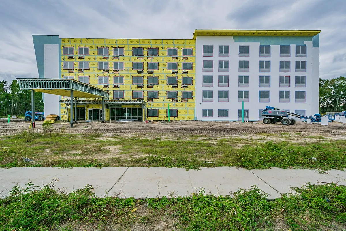 Framing and construction work at a hotel building in Lake City, Florida