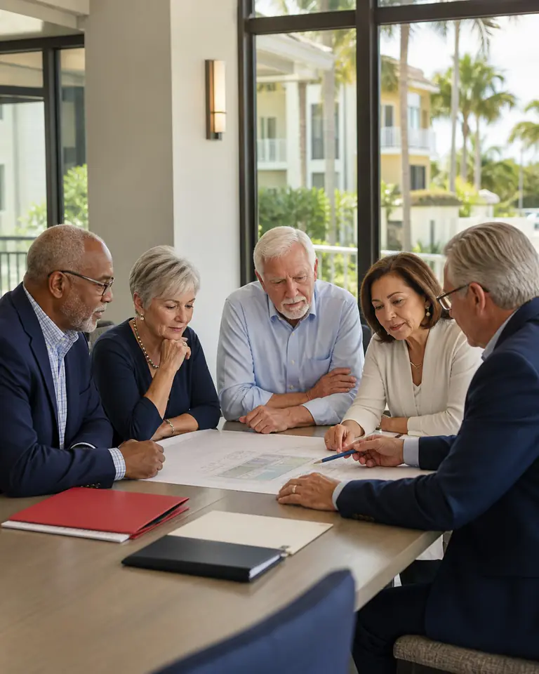 Condominium board leaders reviewing a property plan