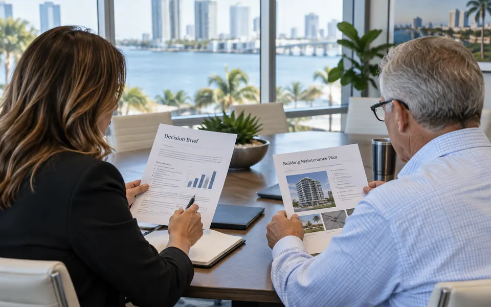 Condominium board leaders reviewing a decision brief and maintenance plan
