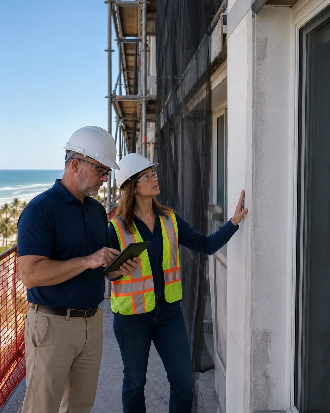 Property leaders reviewing a capital project facade inspection