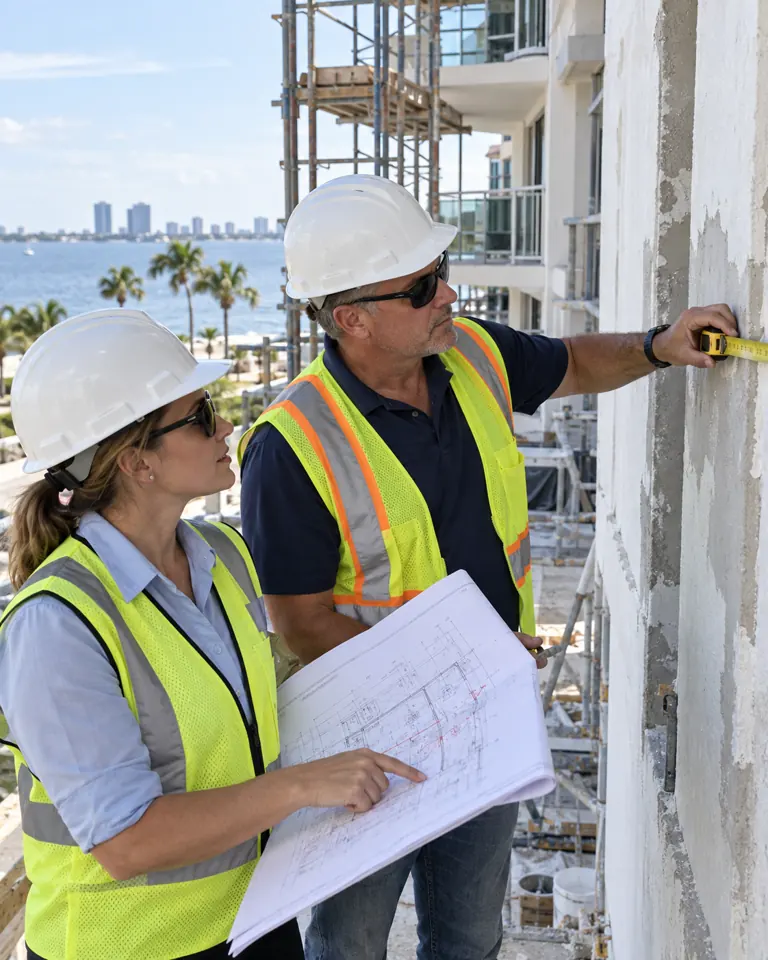 Construction manager and owner representative reviewing a condominium facade change in the field