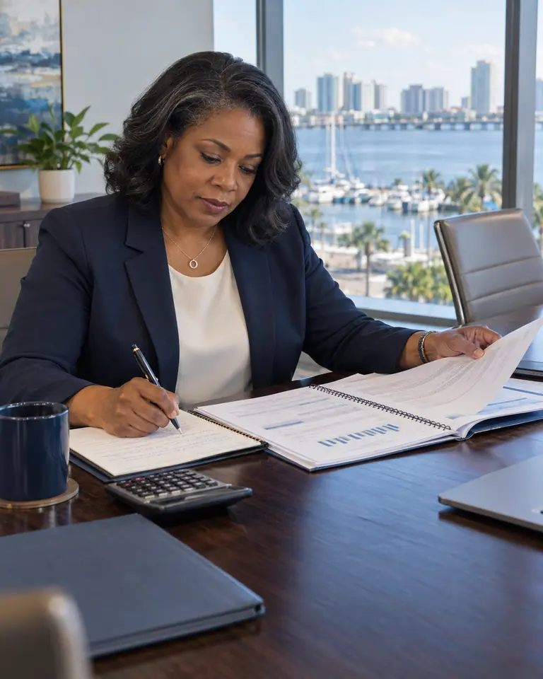 Independent advisor reviewing a condominium budget and financial workbook