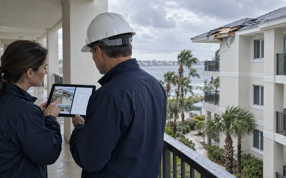 Illustrative property team reviewing damage photographs and a building plan