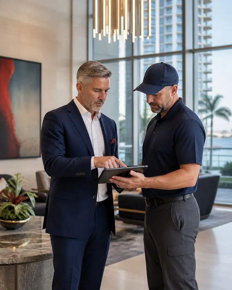 Property leaders reviewing operational performance in a Tampa Bay condominium
