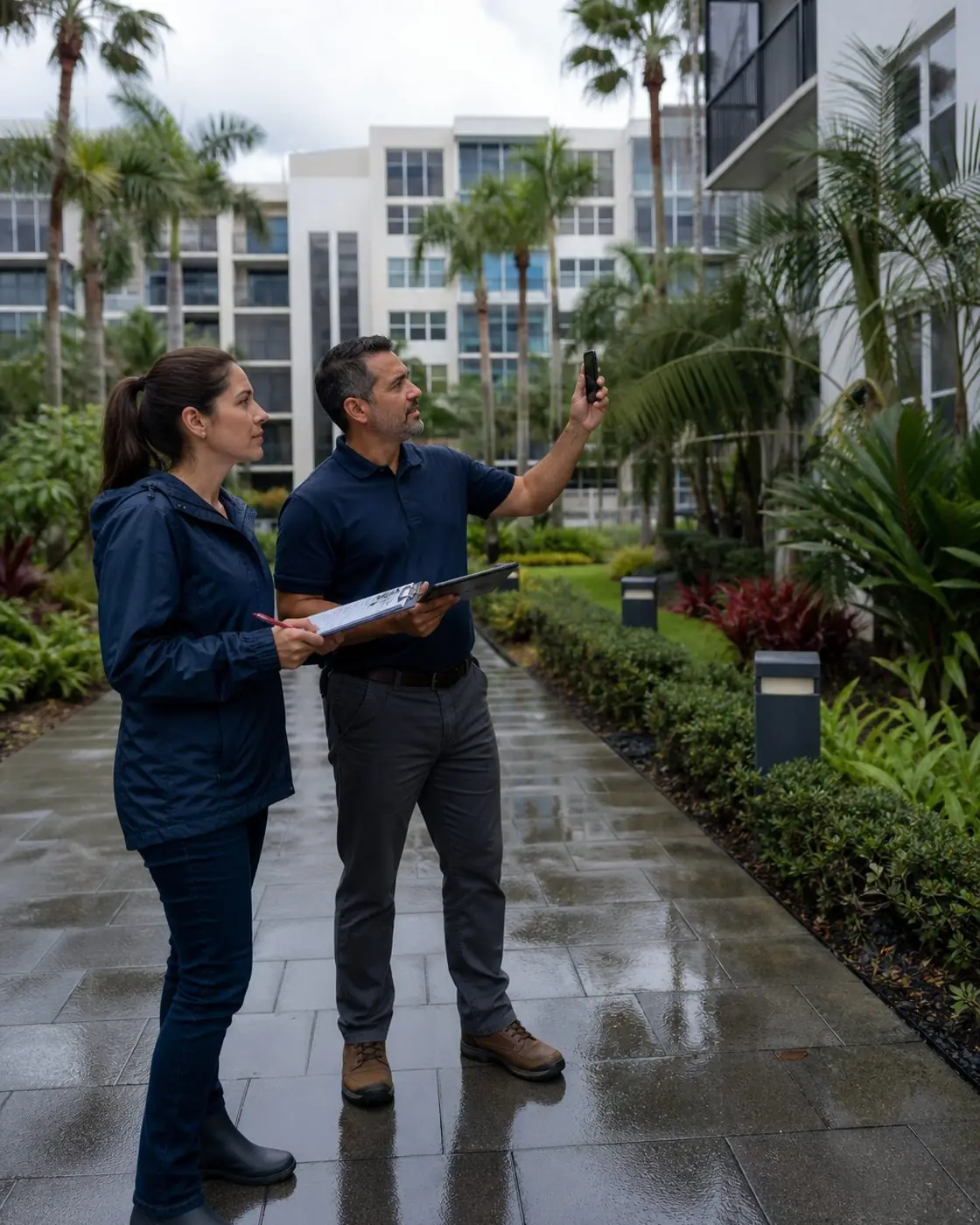 Property team documenting a post-storm exterior assessment