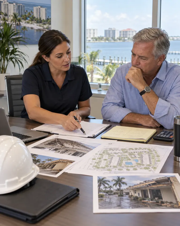 Property manager and board representative reviewing recovery records and a site plan