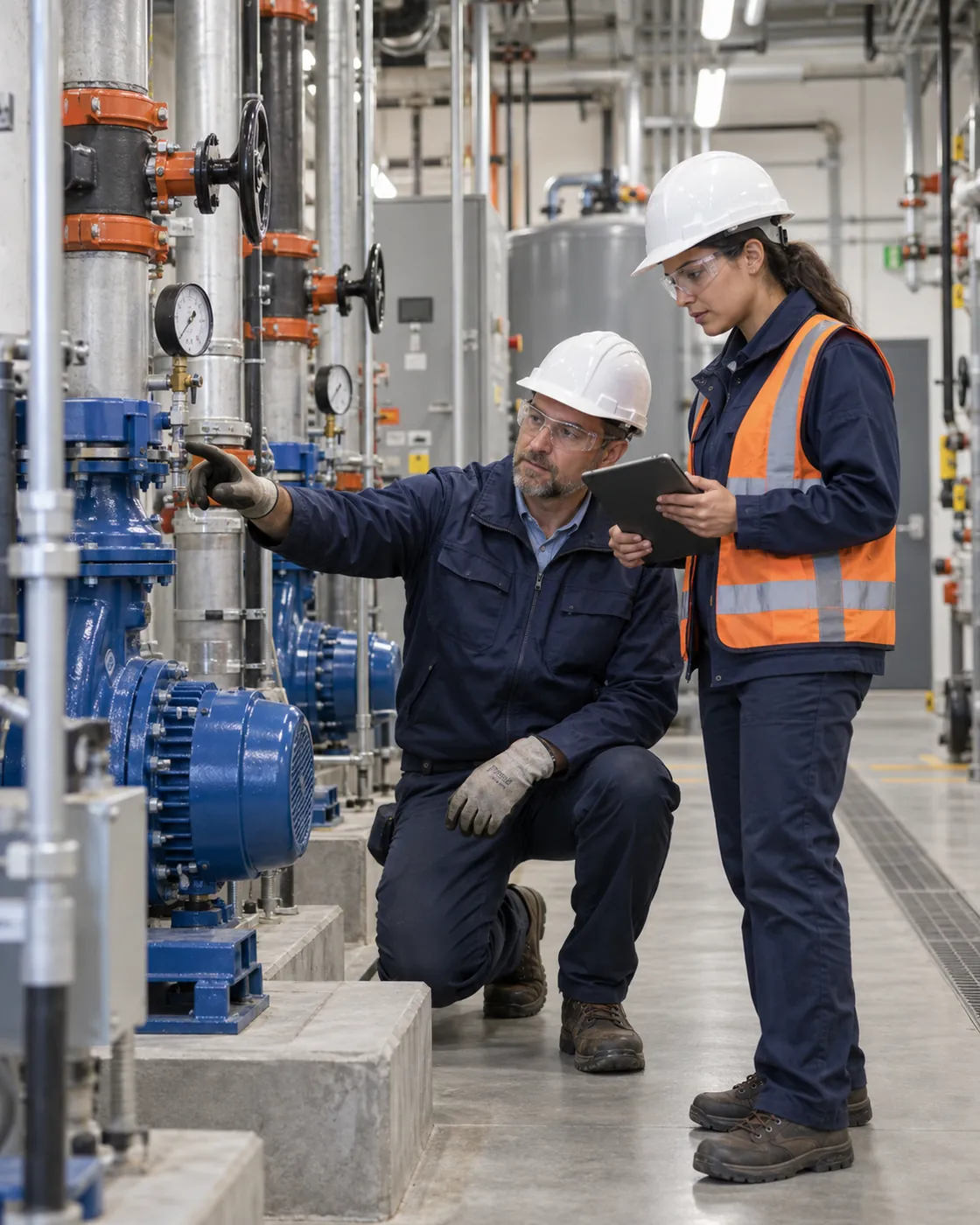 Facilities professionals inspecting condominium mechanical equipment