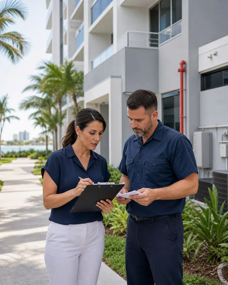 Property manager and vendor reviewing service controls