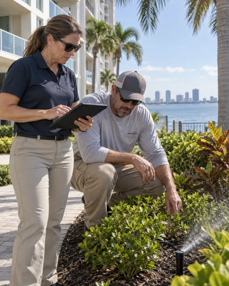 Facilities director and vendor supervisor inspecting irrigation service at a coastal property